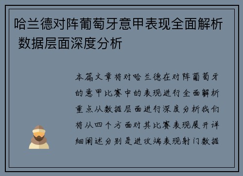 哈兰德对阵葡萄牙意甲表现全面解析 数据层面深度分析