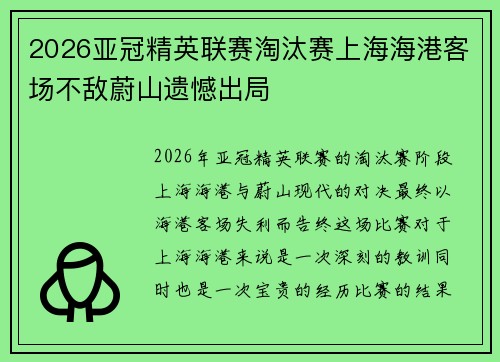 2026亚冠精英联赛淘汰赛上海海港客场不敌蔚山遗憾出局